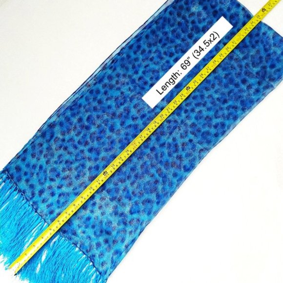 100% Silk Rectangle Scarf Sheer Blue Leopard Animal Print Silvery Dots Tassels - Picture 9 of 12